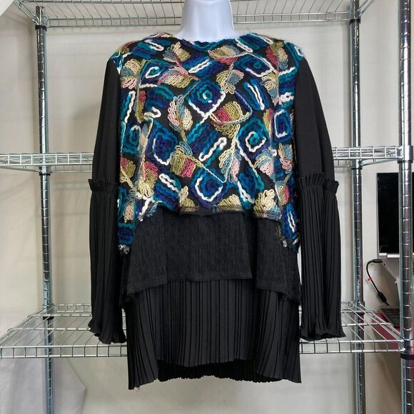 Bianco & Nero Womens Multicolor Embroidered Leaves Top Size 46/XL Artisanal Boho - Picture 3 of 14